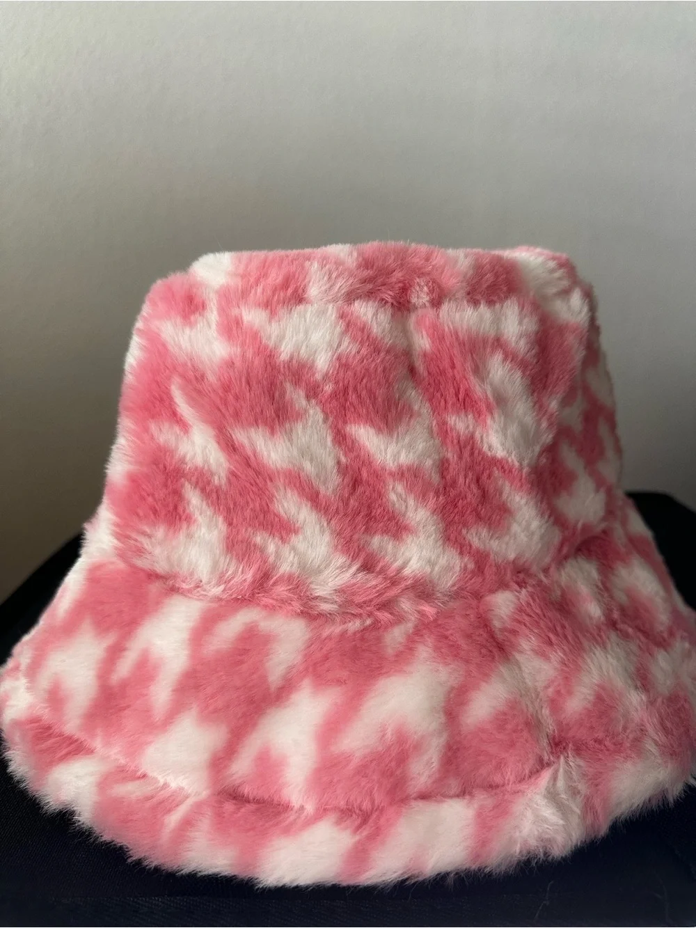 Faux Fur Pink & White Houndstooth Bucket Hat OSFM